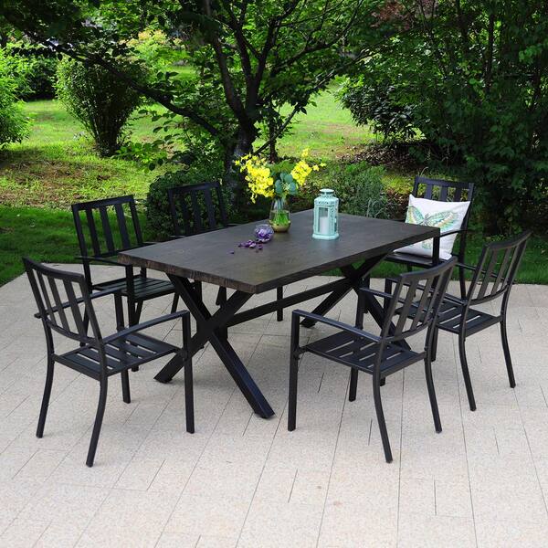 PHI VILLA Black 7-Piece Metal Outdoor Patio Dining Set with Wood-Look Rectangle Table and Modern 