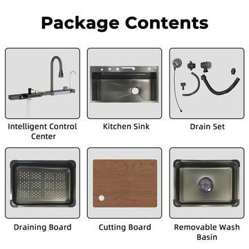 FUFU&GAGA 31.5 in. Drop-in Single Bowl Black 304 Stainless Steel Kitchen Sink Flying Rain Waterfall, Pull-Down Faucet Kitchen Set KF210310-01