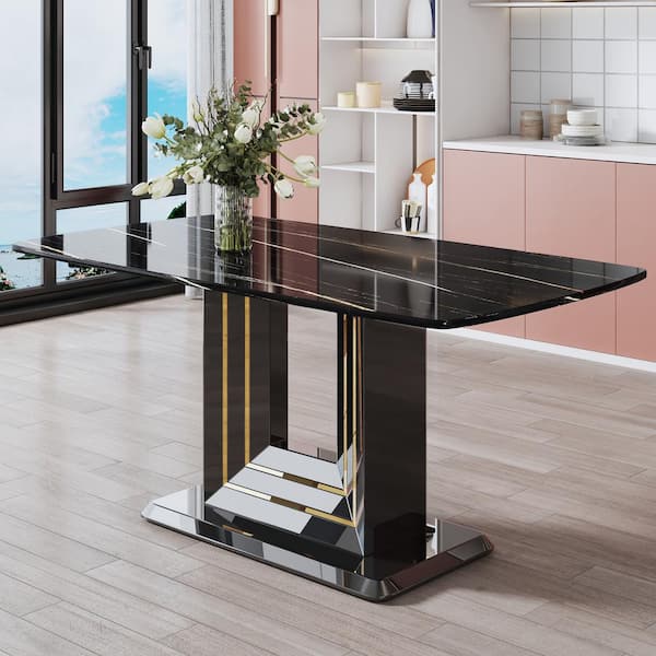 Polibi Modern Rectangle Black Faux Marble Pedestal Dining Table Seats for 6 (63.00 in. L x 30.00 in. H)