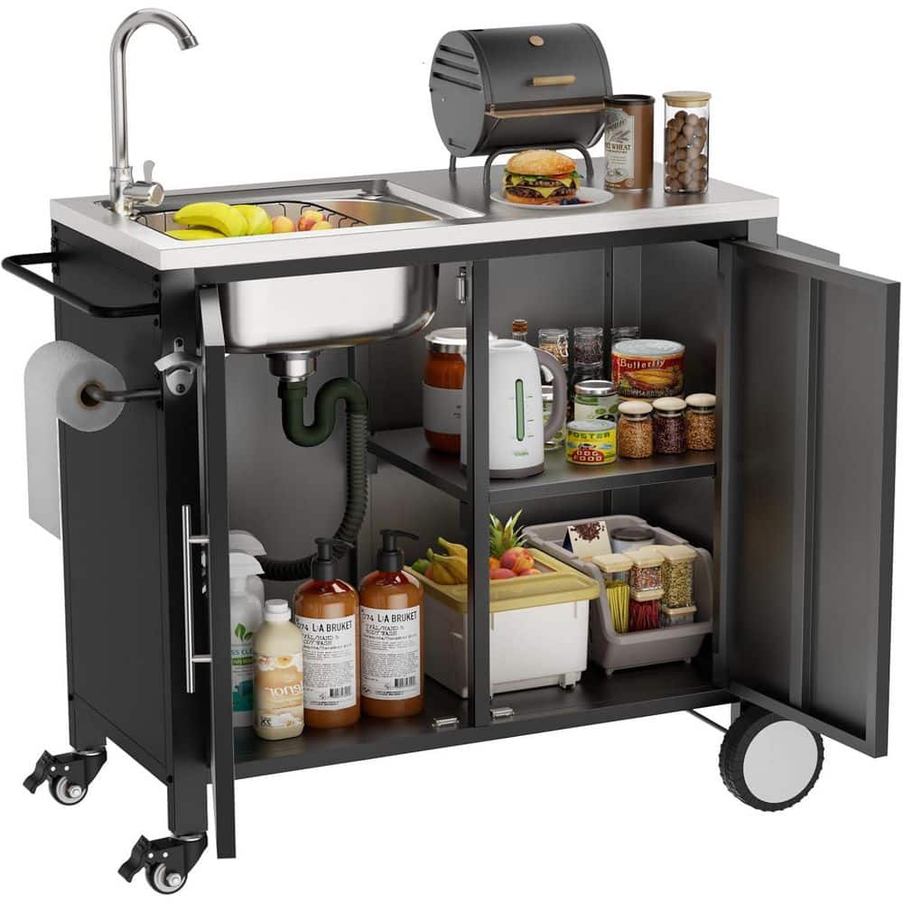 38 in. Black Outdoor Grill Table with Sink, Grill Cart with 304 Stainless Steel Sink and Cabinet, Outdoor Grill Cart price history on PriceWatchPro