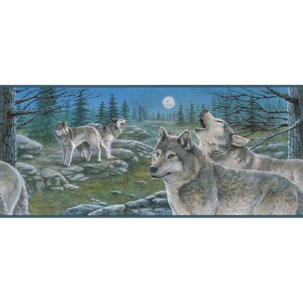 The Wallpaper Company 9 in. x 15 ft. Blue Scenic Wolves Border