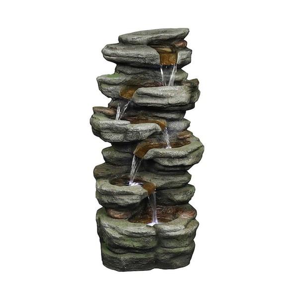 Willit 5-Tier Rock Water Fountain with LED Rockery Cascading Outdoor Waterfall Fountain
