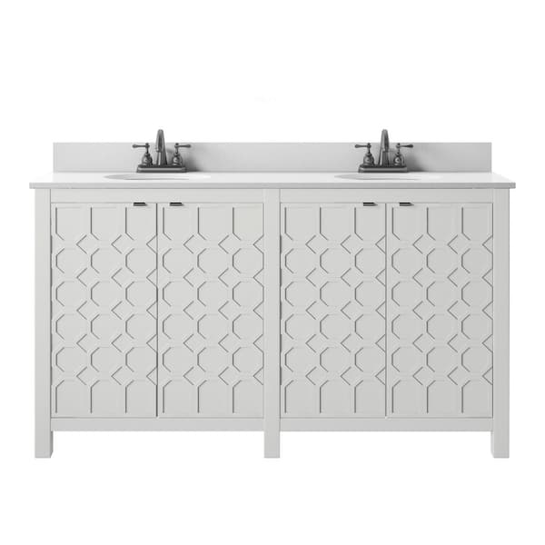 Twin Star Home 60 in. W x 20 in. D x 38.25 in. H Double Bathroom Vanity Side Cabinet in White with Stone White Top