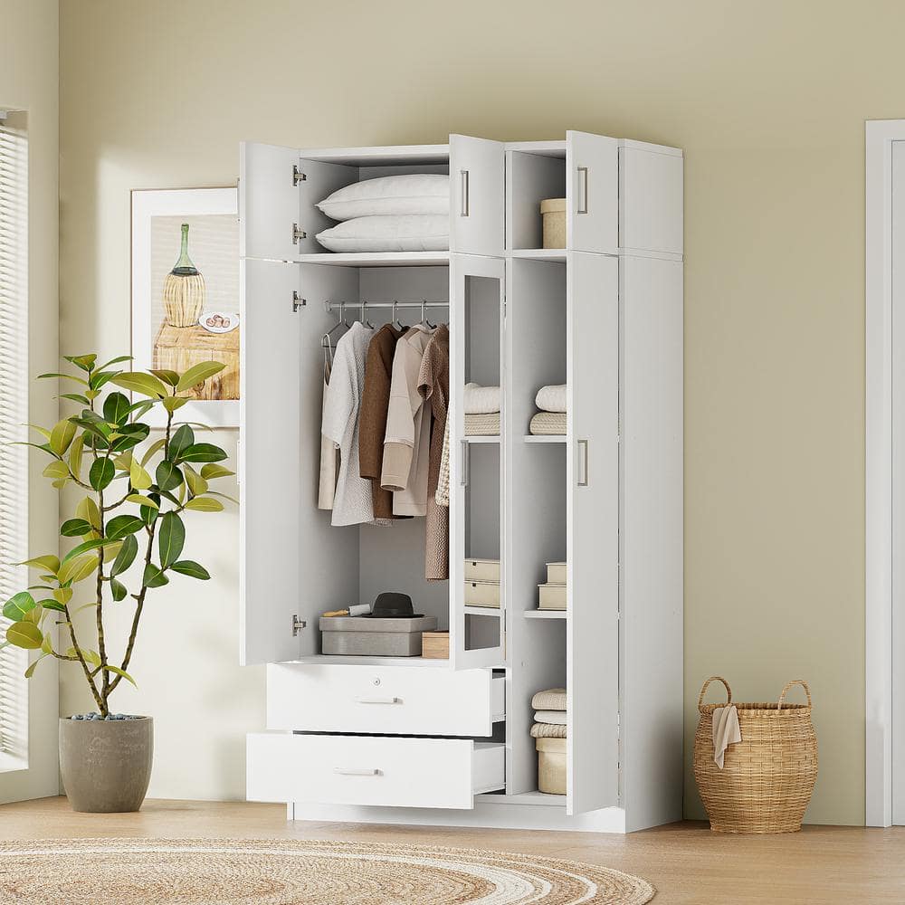 White 41.3 in. 3 Door Wooden Wardrobe Armoire with Mirror 2 Drawers Shelves A Hanging Rod Top Cabinet