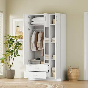 White 41.3 in. 3-Door Wooden Wardrobe Armoire with Mirror, 2-Drawers, Shelves, a Hanging Rod, Top Cabinet