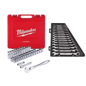 1/2 in. Drive SAE/Metric Ratchet and Socket Mechanics Tool Set W/ Metric Combination Ratcheting Wrench Set (62-Piece)