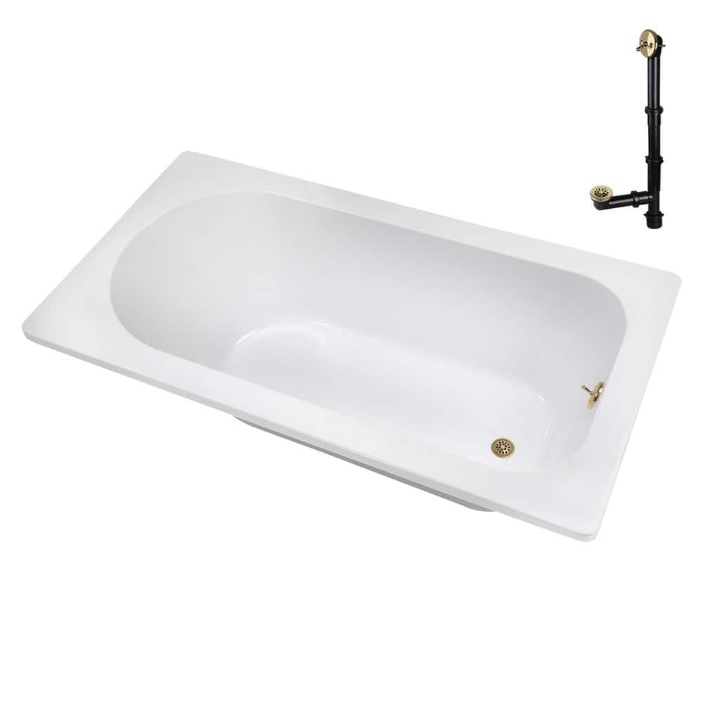 72" x 36" Glossy White Acrylic Soaking Drop-In Bathtub with Polished Brass Drain