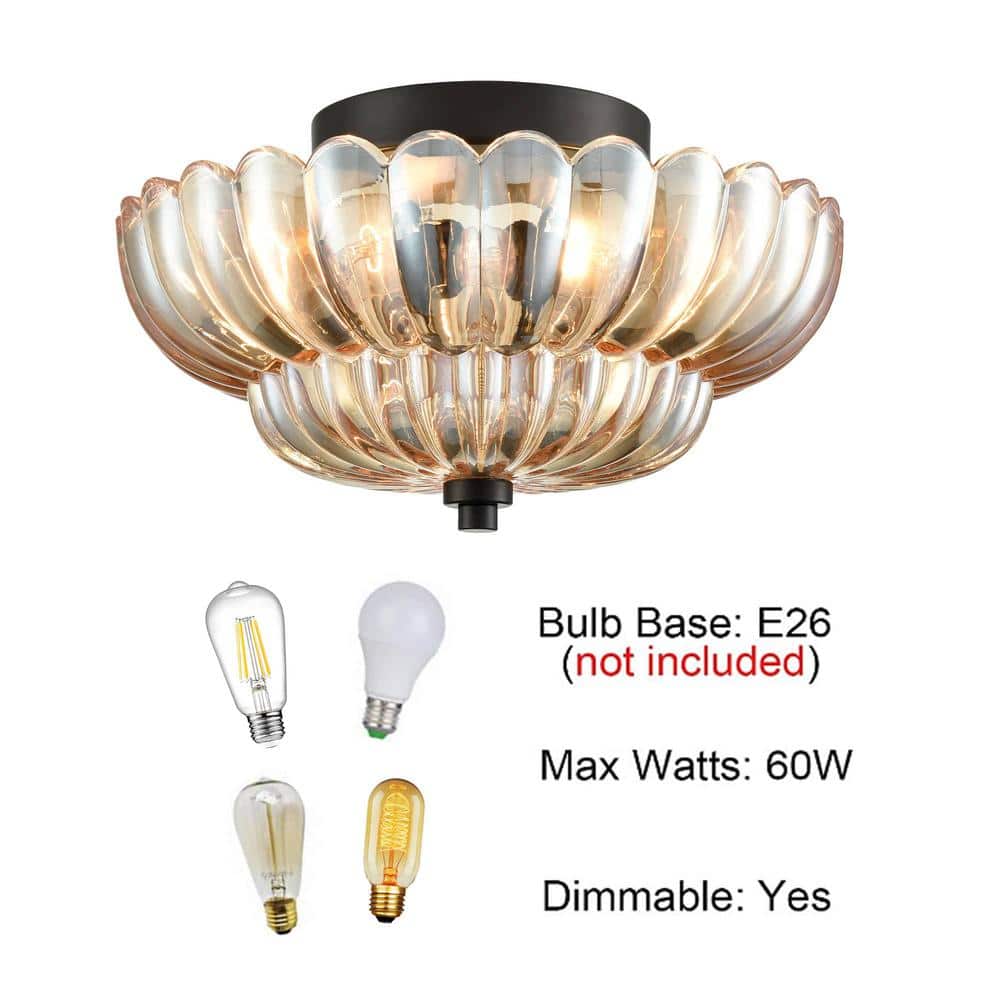 Amber Glass and Black 3-Light Semi Flush Mount Ceiling Fixture