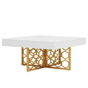Allan 35.4 in. White and Gold Square Engineered Wood Coffee Table Modern Tea Table with Metal Frame