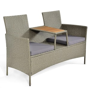 1-Piece Wicker Outdoor Loveseat Sofa Double Conversation Set with Grey Cushion & Built-in Table