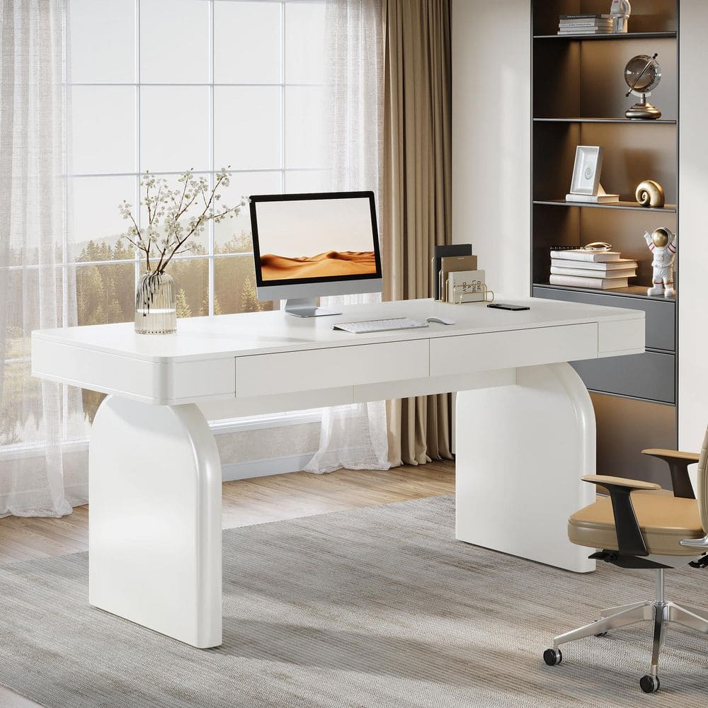 63 in. Rectangular Warm White Wood 2-Drawer Office Desk, Modern Elegant Executive Desk Writing Table price history on PriceWatchPro