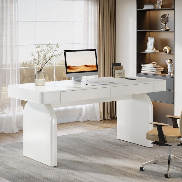 63 in. Rectangular Warm White Wood 2-Drawer Office Desk, Modern Elegant Executive Desk Writing Table