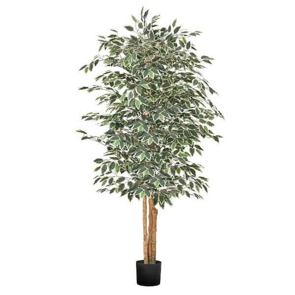 6FT. Artificial Ficus Tree with Black Pot, Tall Faux Ficus Plant with Natural Wood Trunk and Realistic Green Leaves