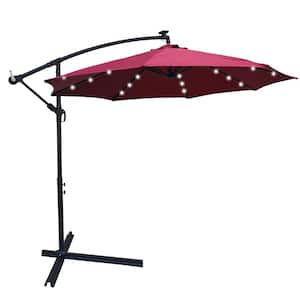 10 ft. Solar LED Steel Cantilever Outdoor Patio Umbrella with Crank and Cross Base in Burgundy