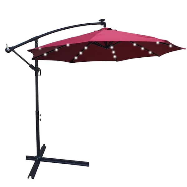 Unbranded 10 ft. Solar LED Steel Cantilever Outdoor Patio Umbrella with Crank and Cross Base in Burgundy