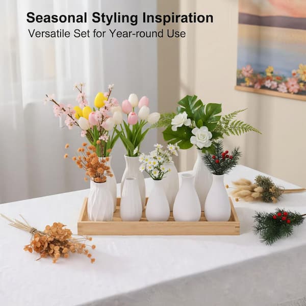 4.1 in. White Ceramic Artificial Plant Vase Set, 9-Piece, Neutral