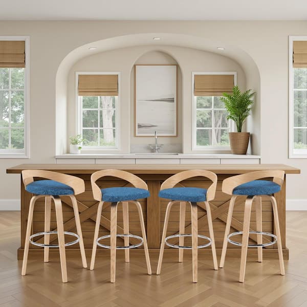 Sonia 35 in. H Blue / Oak Open Back Wood Bar Stool with Polyester Fabric Seat Set of 4