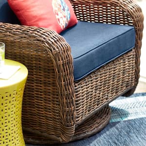 Cambridge Brown Wicker Outdoor Patio Swivel Rocking Chair with CushionGuard Midnight Navy Blue Cushions