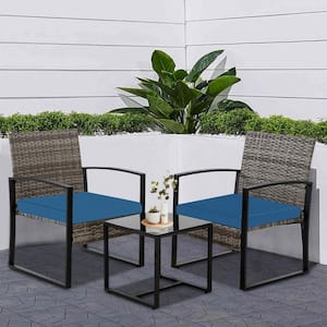 3-Piece Grey Rattan Wicker Patio Outdoor Bistro Set with 2 Chairs, 1 Tempered Glass Table and Blue Cushions