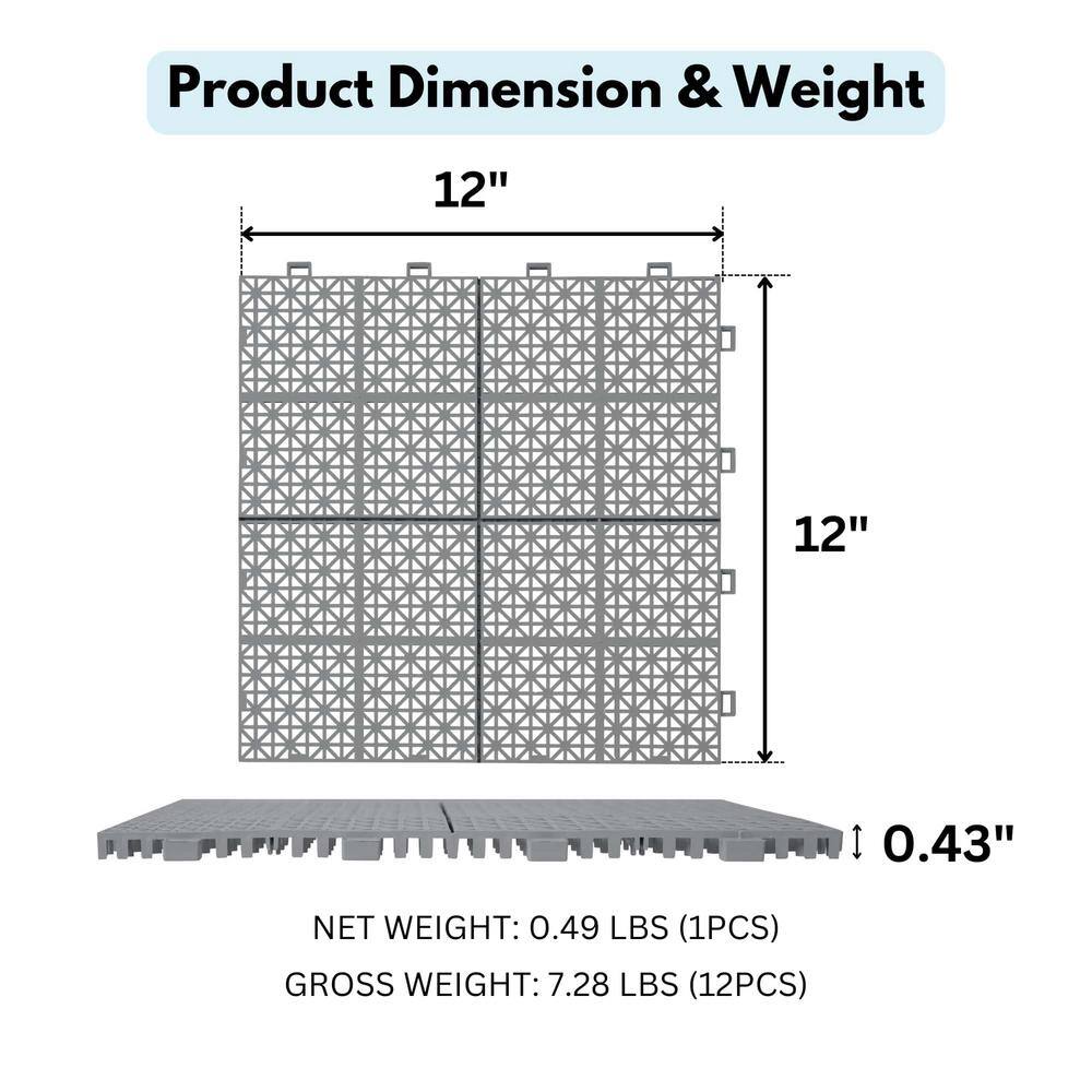 Gray 12" x 12" Plastic Interlocking Deck Tiles with Water Protection