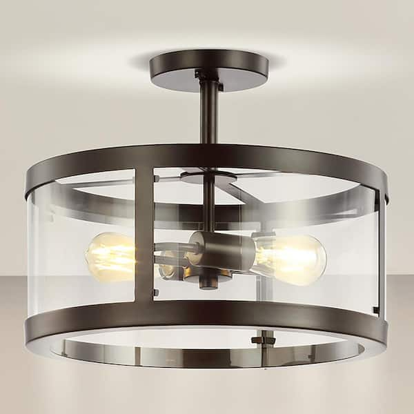 Jonathan Y Herndon 15 In 2 Light Oil Rubbed Bronze Ironglass Modern Drum Led Flush Mount 8723