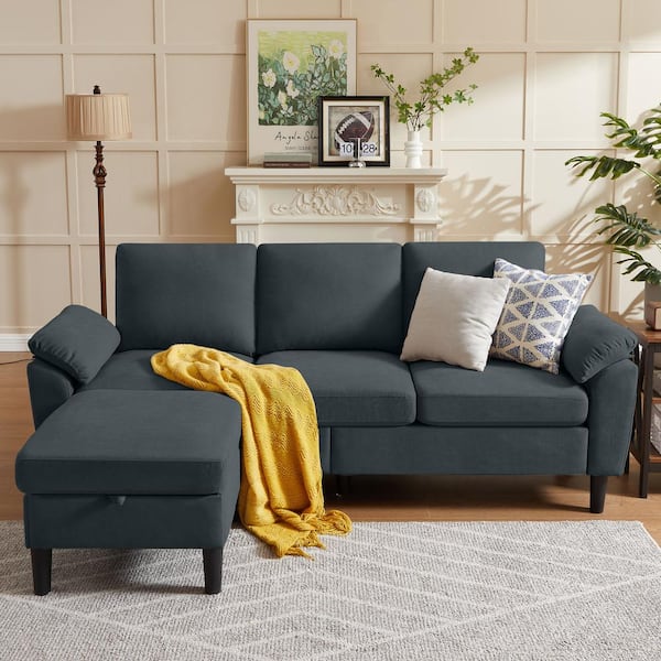 STICKON 82.08 in. Pillow Top Arm L-Shaped Fabric Sofa with Reversible Ottoman