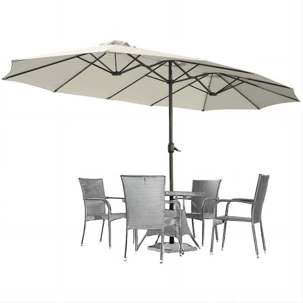 Outdoor 15 ft. Steel Market Patio Umbrella Double-Sided Twin Patio Umbrella with Crank in Ivory