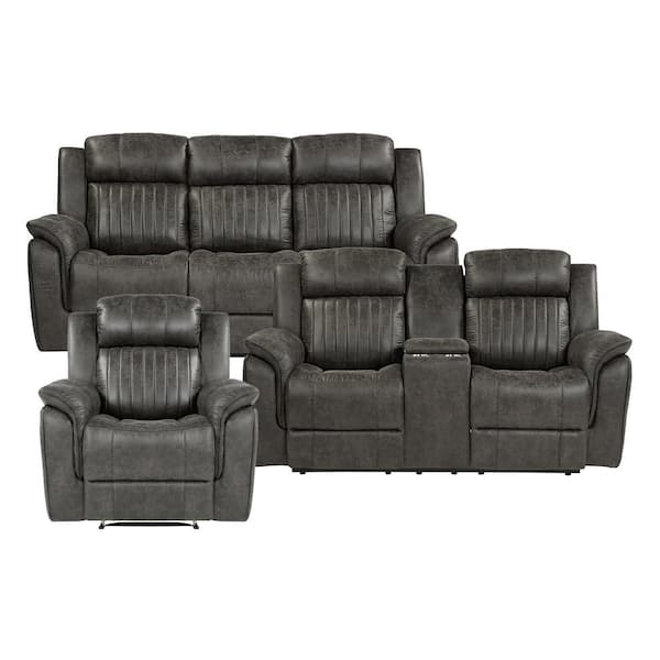 Lazzara Morelia 83.5 in. W Pillow Top Arm Microfiber Rectangle 3-Piece Manual Reclining Sofa Set in. Brownish Gray