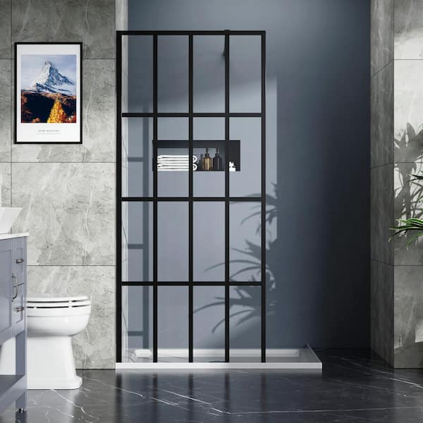34 in. W x 72 in. H Fixed Framed Shower Door in Black with Clear Tempered Glass