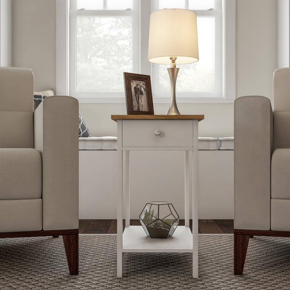 White and Oak Slim Rectangular End Table with Storage