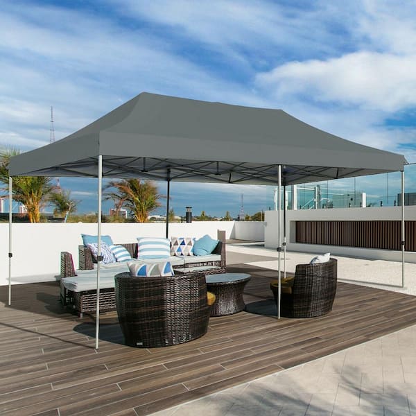 10 ft. x 20 ft. Grey Pop Up Canopy Tent Folding Heavy-Duty Sun Shelter Adjustable with Bag