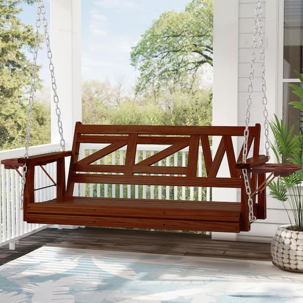 Cesicia 2-Person Brown Wood Porch Swing Bench with Hanging Chains Upgraded Cupholders