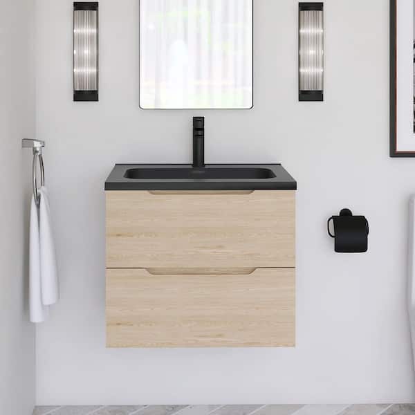 JimsMaison 23.62 in. W x 18.90 in. D x 20.39 in. H Wall-Mounted Bath Vanity in Evita Oak with Black Engineered Quartz Composite Top
