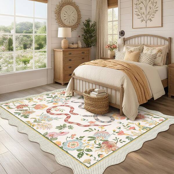 8 ft. x 10 ft. Beige Washable Fan-Shaped Carpet Insect Plant Print