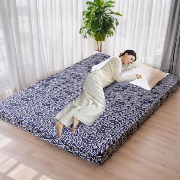 BOZTIY Extra Thick Folding Sleeping Pad Tatami Mat Printed Futon Floor Mattress with Zipper Washable Cover, Full Size