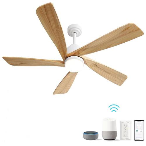 52 In. Smart Indoor White Solid Wood Blades Integrated LED Ceiling Fan with Voice/APP/Wall Switch/Remote Control LINJO Ceiling Fans With Lights