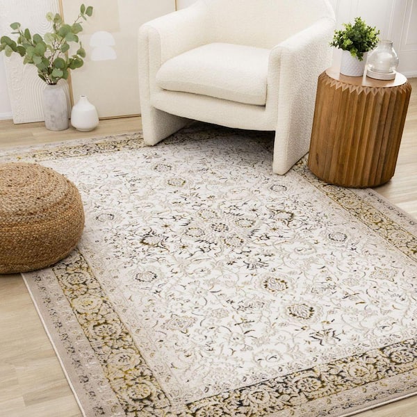 Veridian Collections 5 ft. x 8 ft. Beige Border, Classic, Elegant Indoor Area Rug