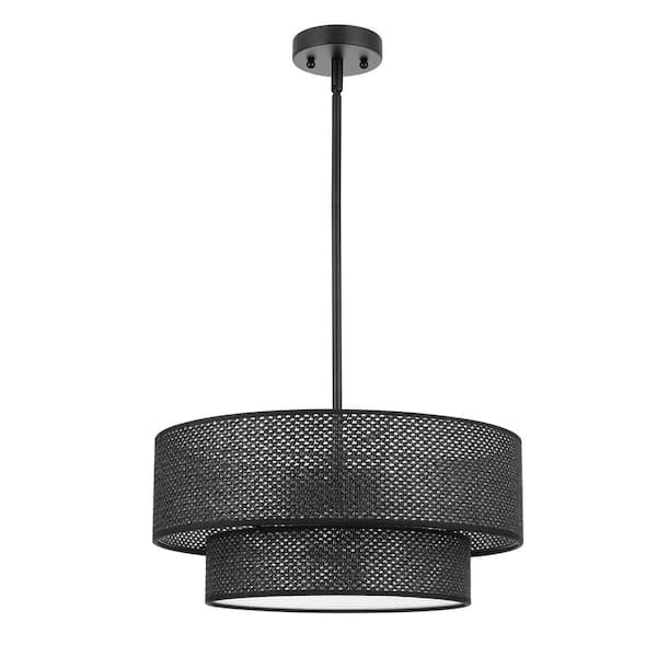 18 in. 4-Light Black Drum Shaded Chandelier with 2-tier Fabric Shade