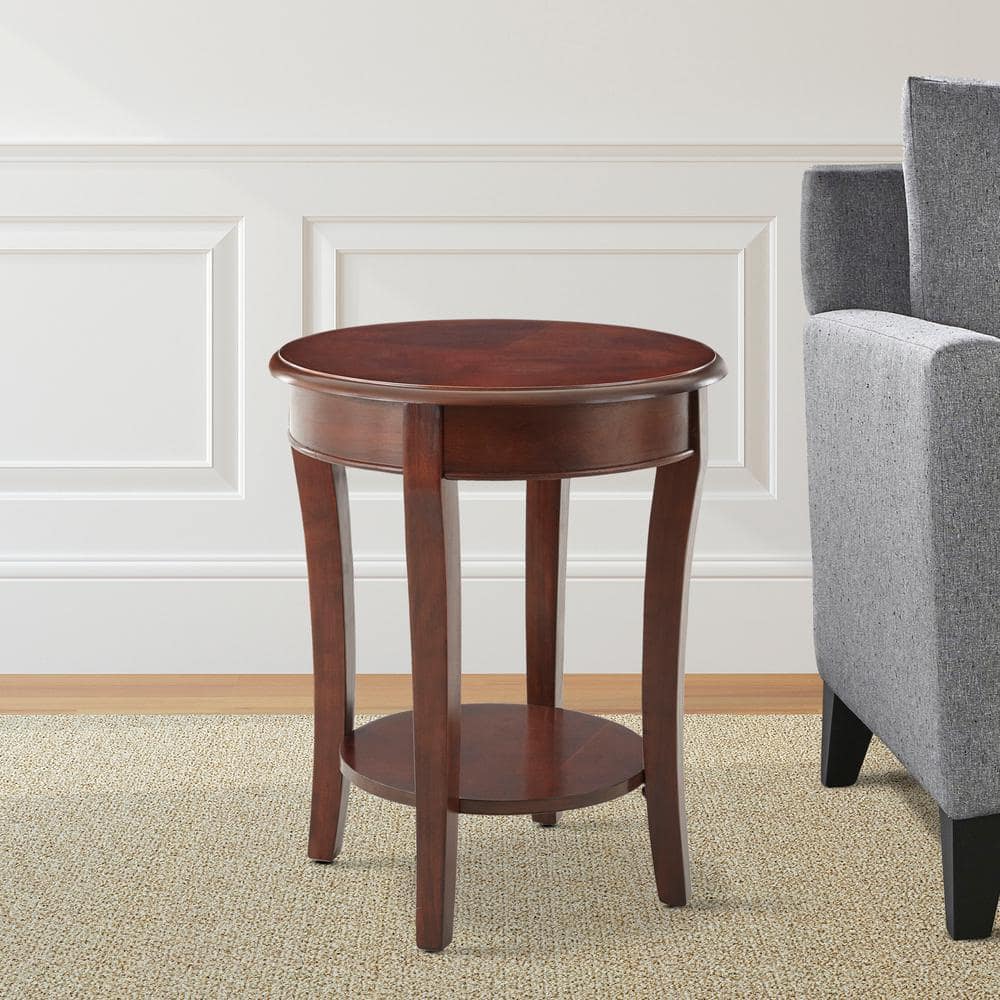 Cherry Brown Round Wood and Metal End Table