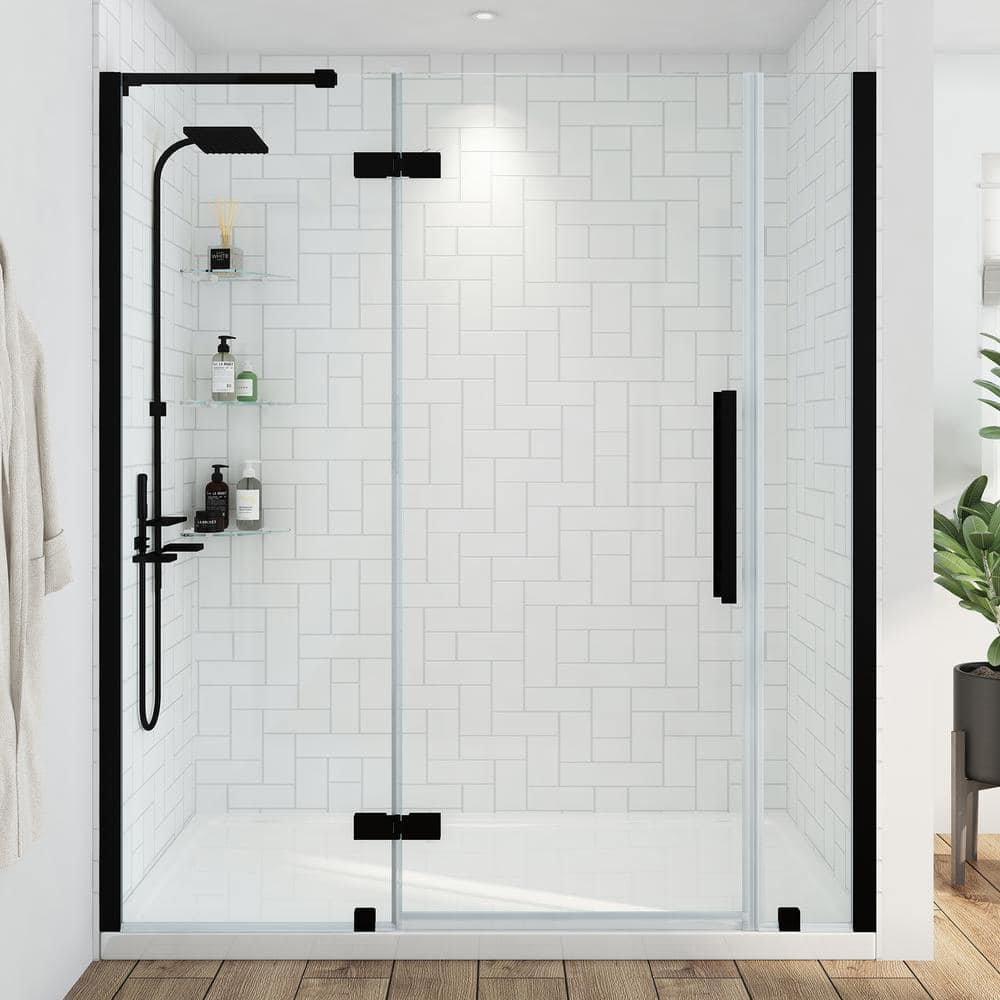 OVE Decors Tampa 60 in. L x 32 in. W x 72 in. H Alcove Shower Kit w/Pivot Frameless Shower Door in Black w/Shelves and Shower Pan -  828796076265