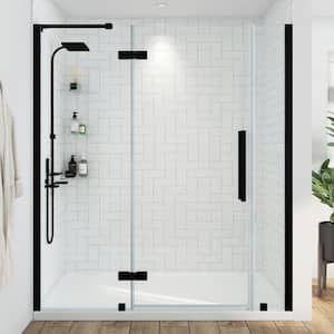 Tampa 60 in. L x 36 in. W x 75 in. H Alcove Shower Kit w/ Pivot Frameless Shower Door in Black w/Shelves and Shower Pan