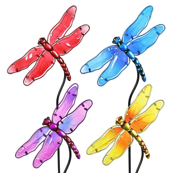 Exhart Dragonfly 2.17 ft. MultiColor Metal Garden Stakes (4-Pack)