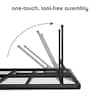 Diagram showing the tool-free assembly of a black metal bed frame