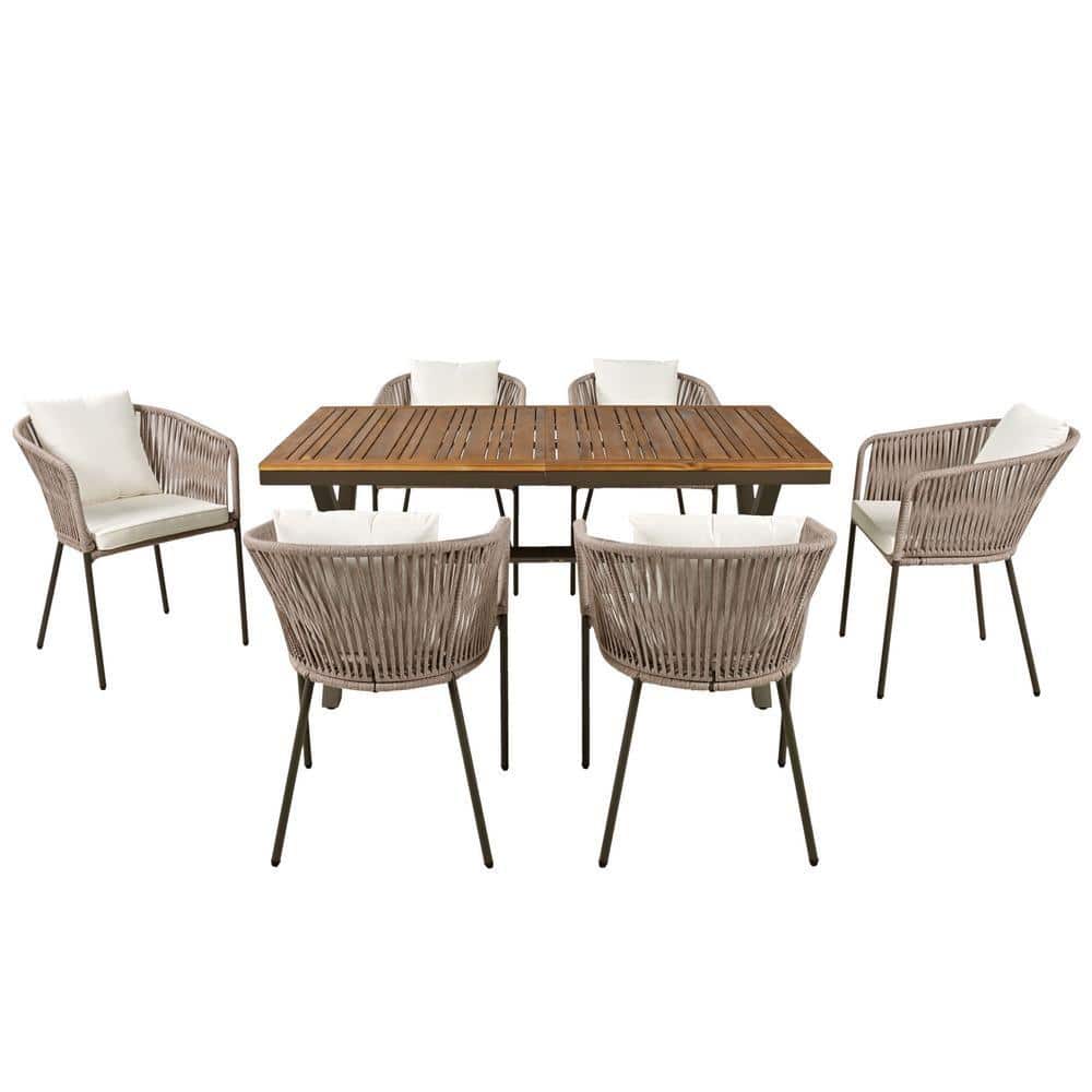 Front view of Homeaura 7-piece metal outdoor dining set with beige cushions and pillows.