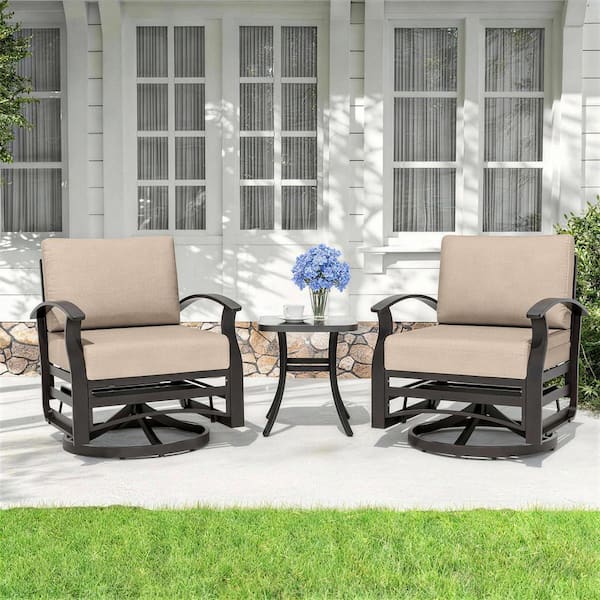 3-Piece Aluminum Outdoor Rocking Chair Set with Swivel, Black Tempered Glass Table Top and Cushion Khaki