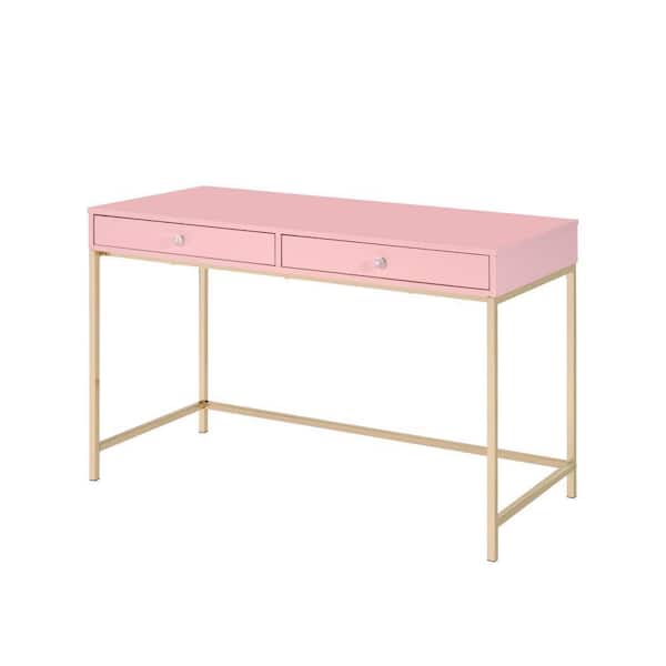 Benjara 47 in. Rectangular Pink and Gold Wood Top 2-Drawer Writing Desk with 2 Storage Compartments