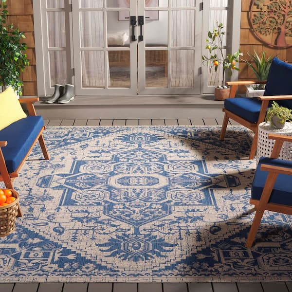 Courtyard Beige/Blue 5 ft. x 8 ft. Medallion Floral Orante Indoor/Outdoor Area Rug