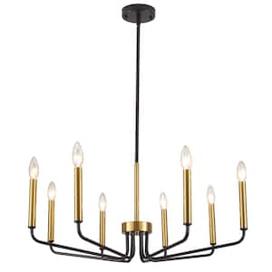 8-Light Black and Gold Linear Candle Chandelier for Dining Room Modern Lighting Fixtures