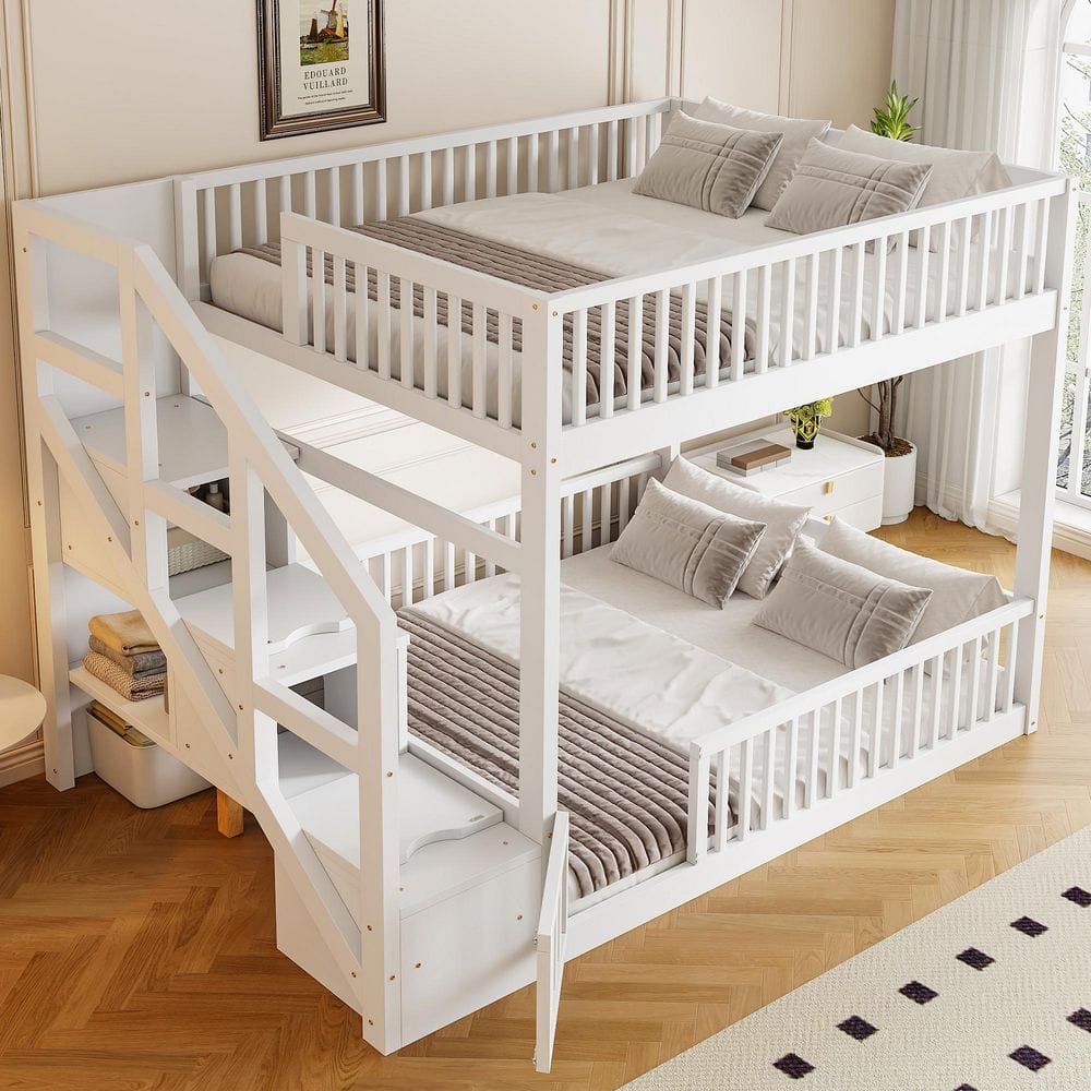 Harper & Bright Designs White Full Over Full Wood Floor Bunk Bed with ...