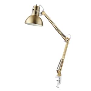 Architect 33.13 in. Matte Brass Gooseneck Clamp-On Multi-Joint Desk Lamp with Metal Clamp Base and White Accents